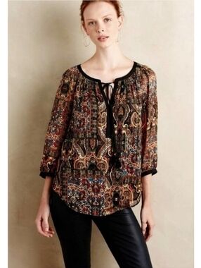 🆕️ Anthropologie Meadow Rue Marya Peasant Top Paisley Size Medium Boho 70s